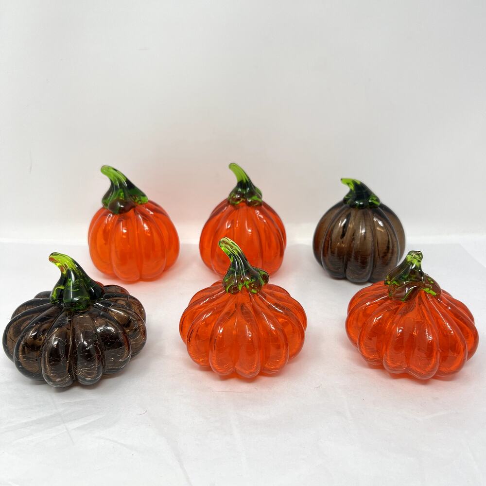 Lot of 6 Blown Glass Pumpkins Halloween Fall Thanksgiving Decor Orange Brown
